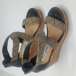 Steve Madden Black and Beige Wedge Sandals